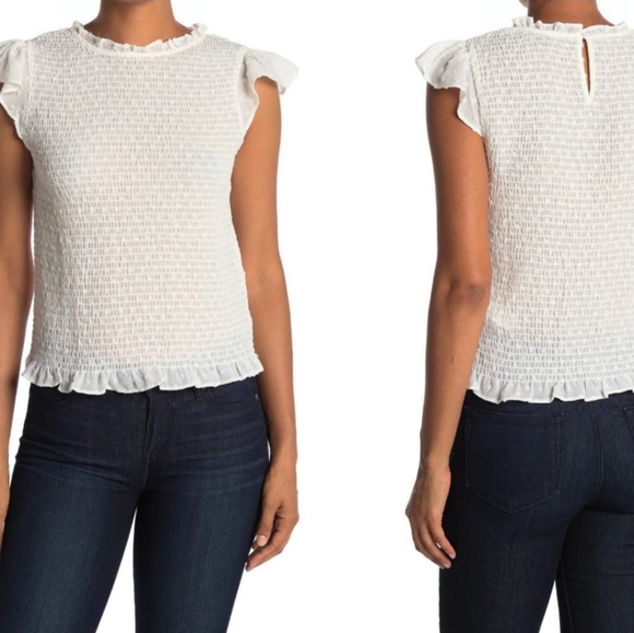 Adrianna Papell Ivory Smocked Ruffle Top Blouse Cap Sleeves Ruffle Neckline M - Picture 1 of 12